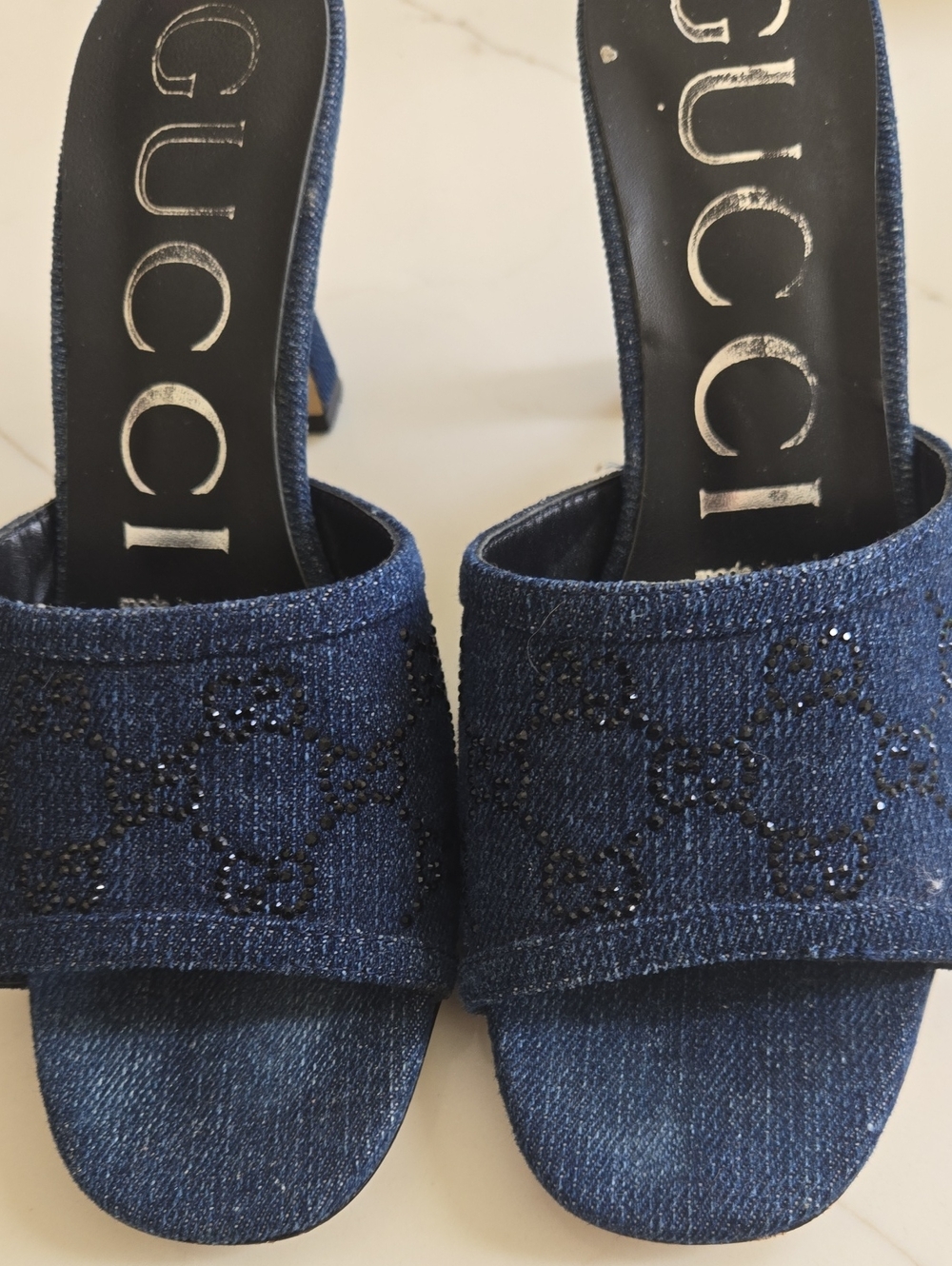Gucci Navy Denim Crystal-Embellished Slide Mules